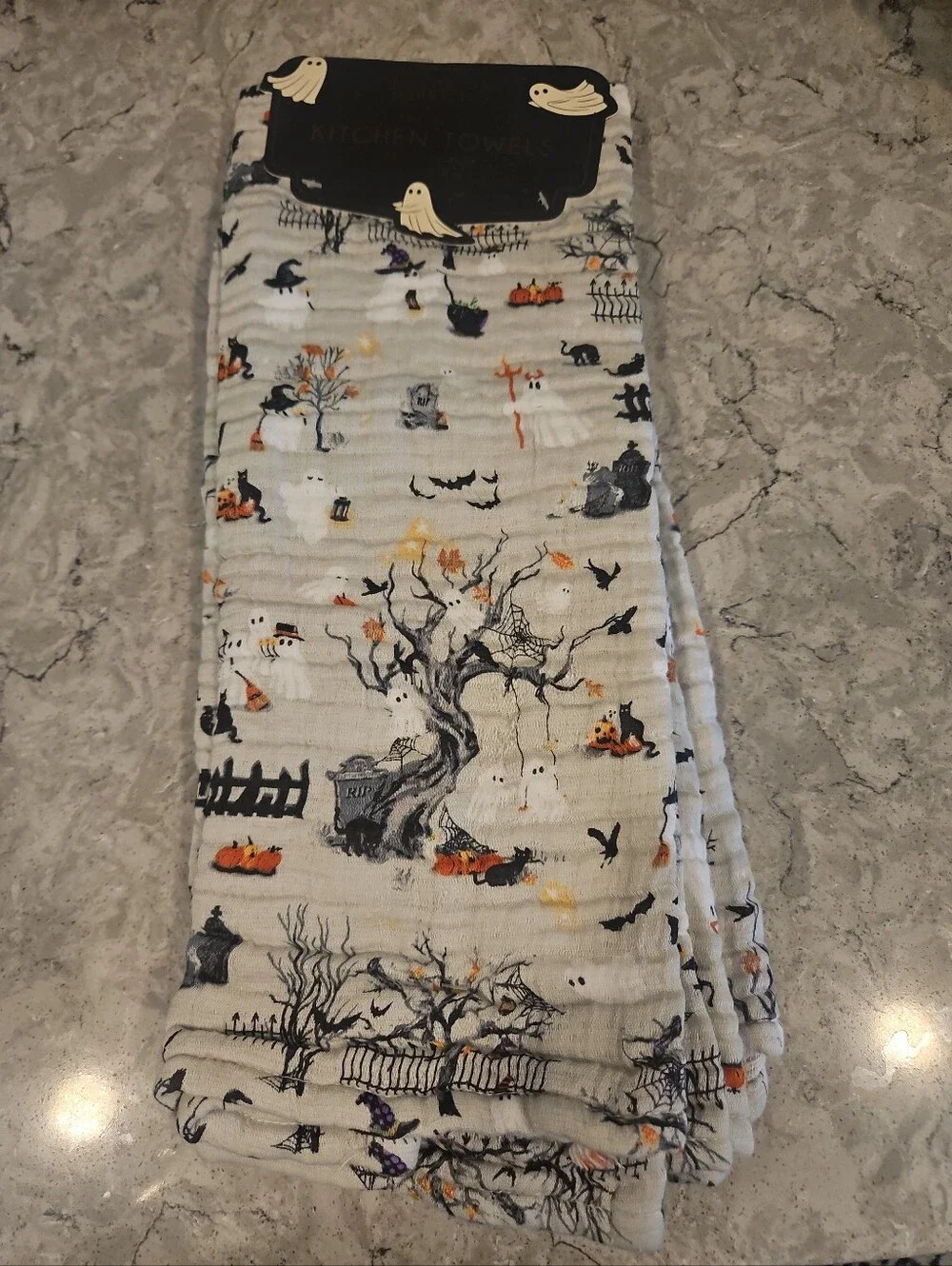 Envogue Ghost Cats Halloween 100% COTTON GAUZE SET OF 2 Towels